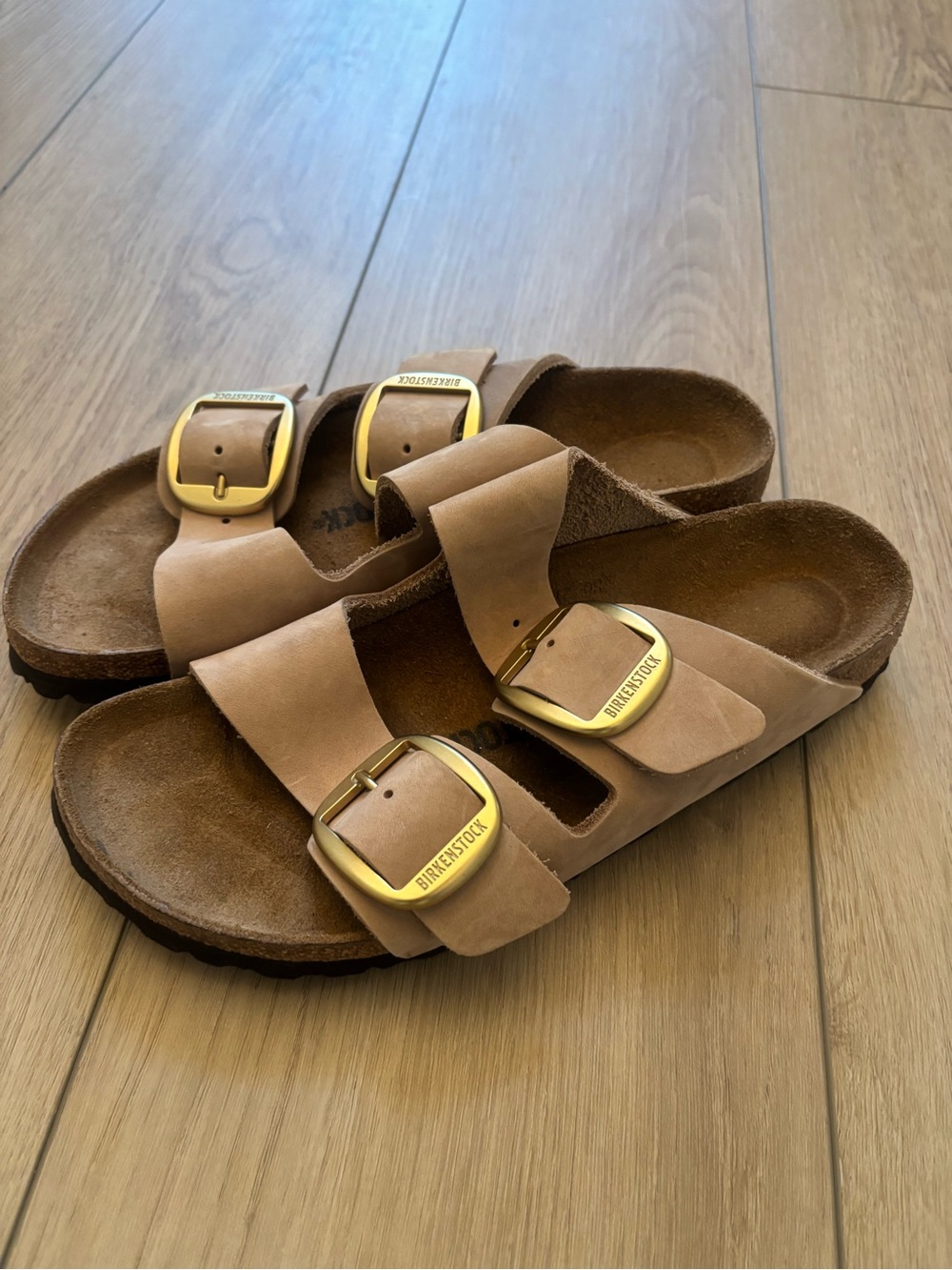 Like Brand New- Birkenstock Arizona Sandals in Tan with Gold Buckles